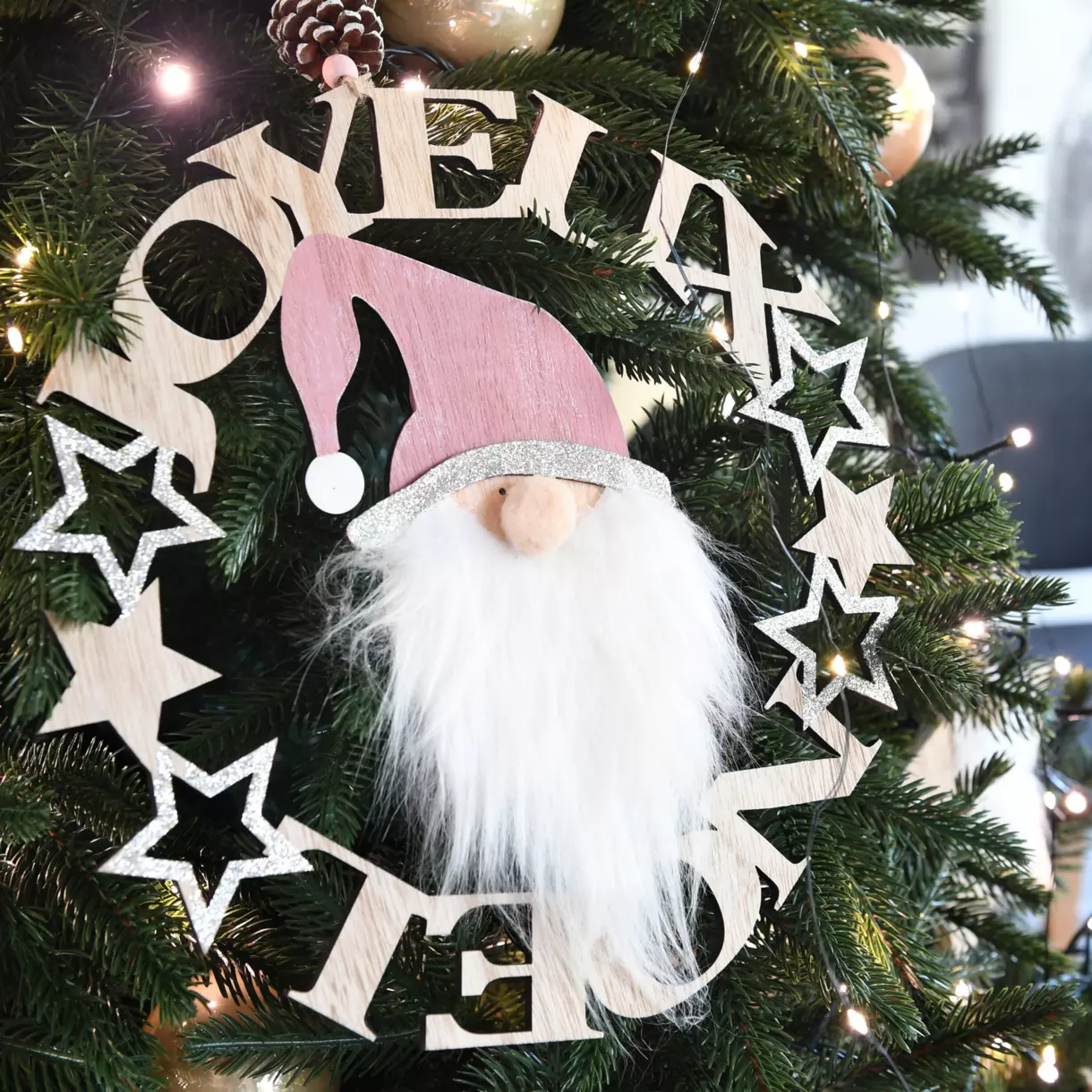Suspension de fête Tête de Père Noel en bois Naturel 1