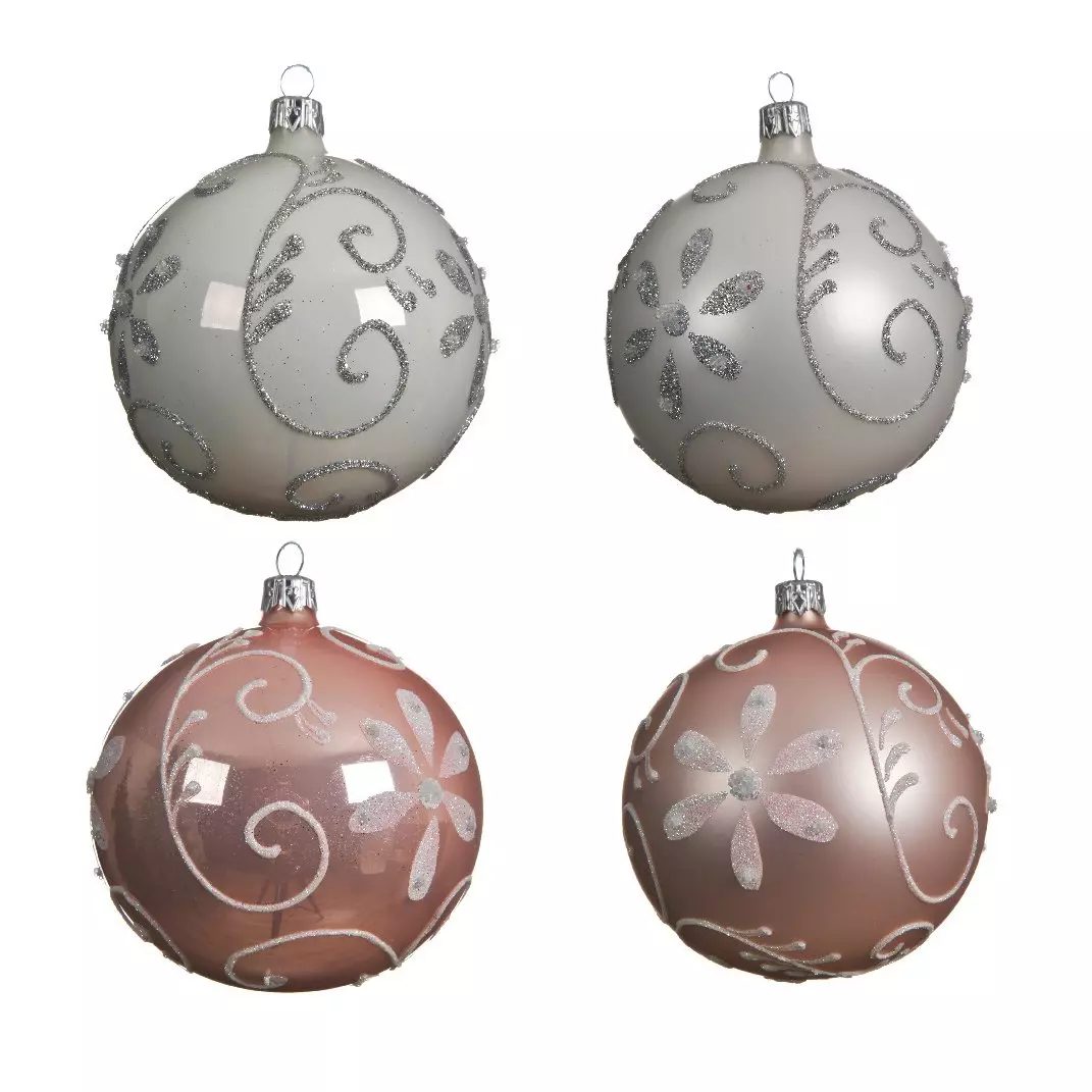 Lote de 4 bolas de Navidad en vidrio (D100 mm) Floris Blanco/ Rosa  1