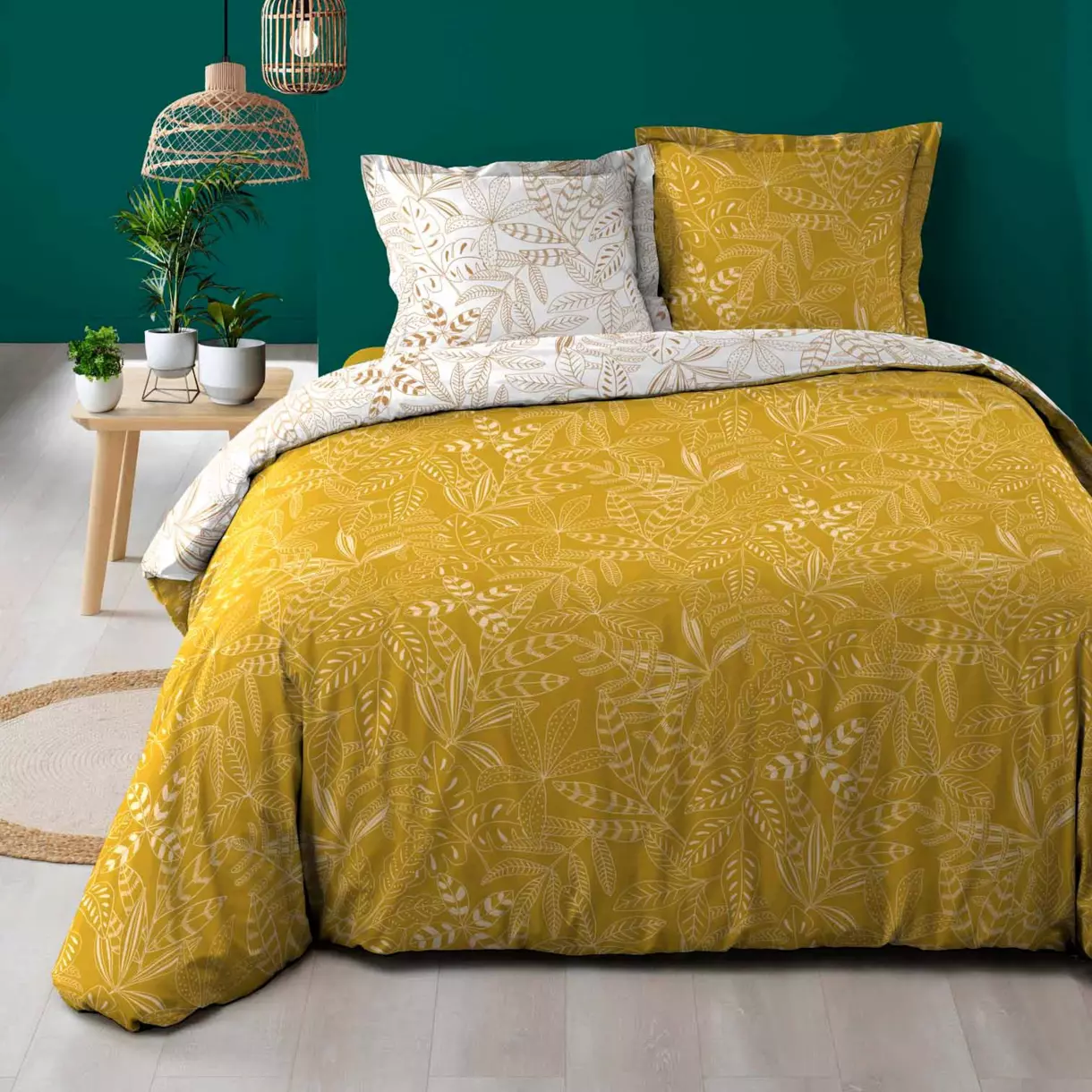 Housse de couette et deux taies coton (260 cm) Belflor Jaune et Or 1
