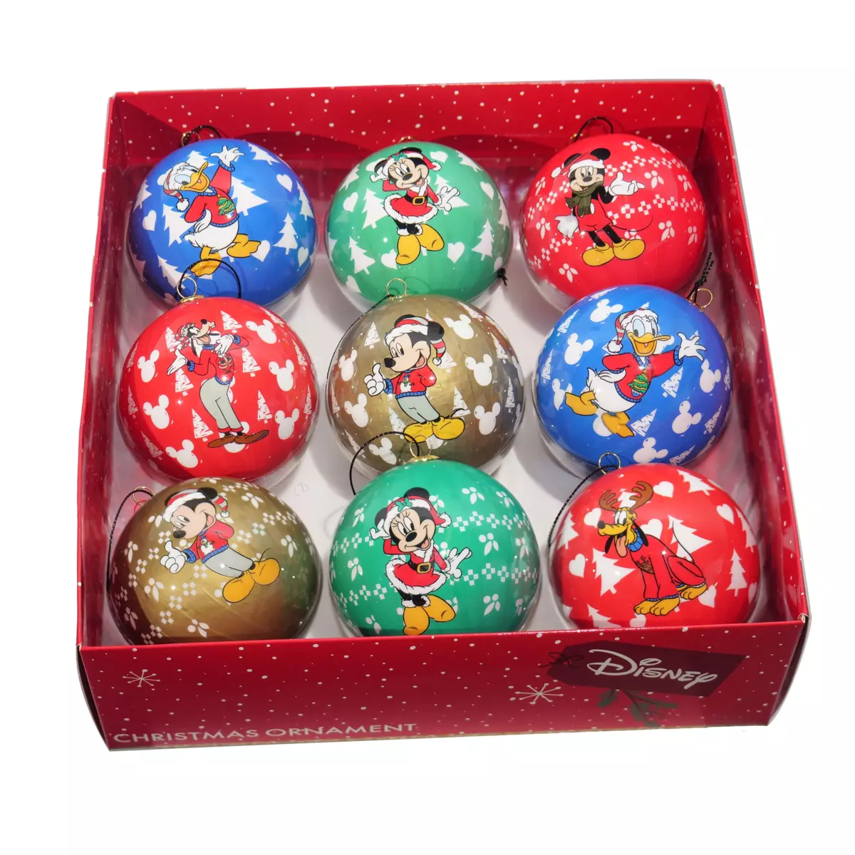 Lot 9 Boules Noël Rouge Et Vert Doré - 6 Cm, Motifs Traditionnels, Brillant, Avec Boîte Rangement