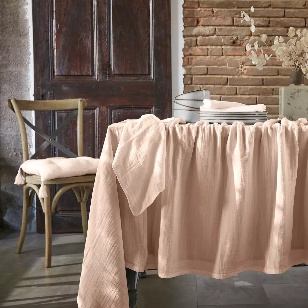 Mantel rectangular en gasa de algodón (L350 cm) Gaïa Rosa palo 1
