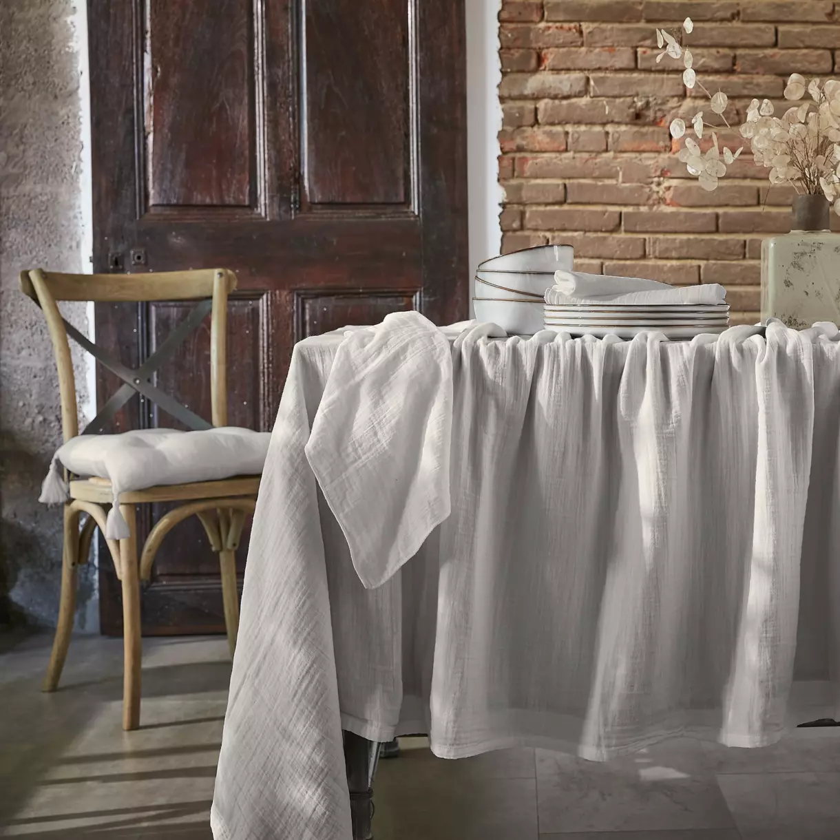 Mantel rectangular en gasa de algodón (L250 cm) Gaïa Gris nube 1