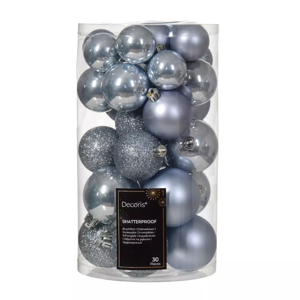 Lot de 30 boules de Noël Alpine assorties Bleu vaporeux 1