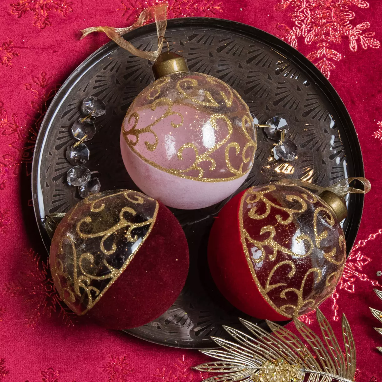 Lot de 12 boules de Noël (D80 mm) en verre Arabesque Rouge 1