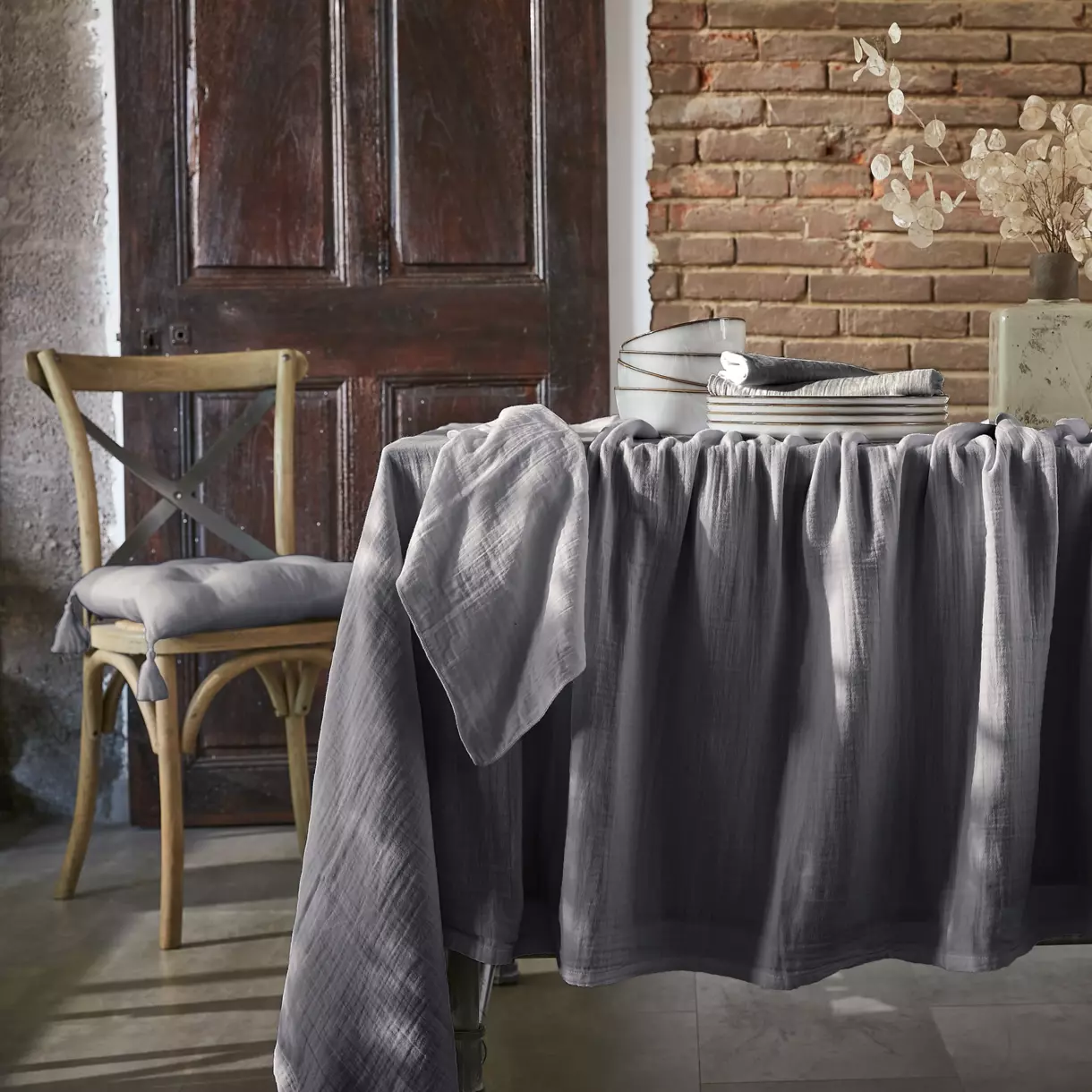 Mantel rectangular en gasa de algodón (L250 cm) Gaïa Gris granito 1