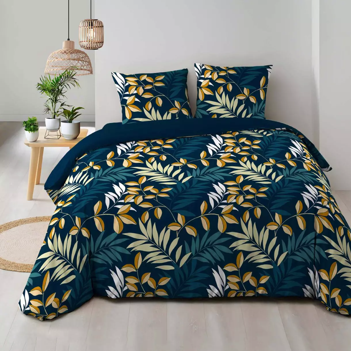 Housse de couette et deux taies coton (260 cm) Nelida Bleue 1