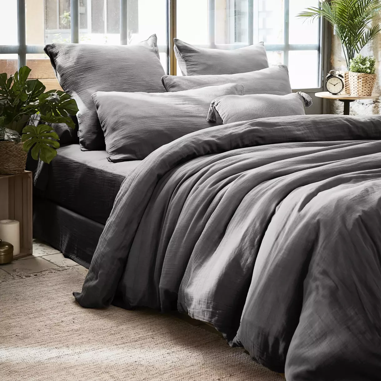Funda Nórdica en gasa de algodón (280 cm) Gaïa Gris granito 1
