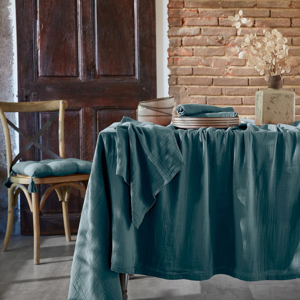 Mantel rectangular en gasa de algodón (L250 cm) Gaïa Azul trullo 1
