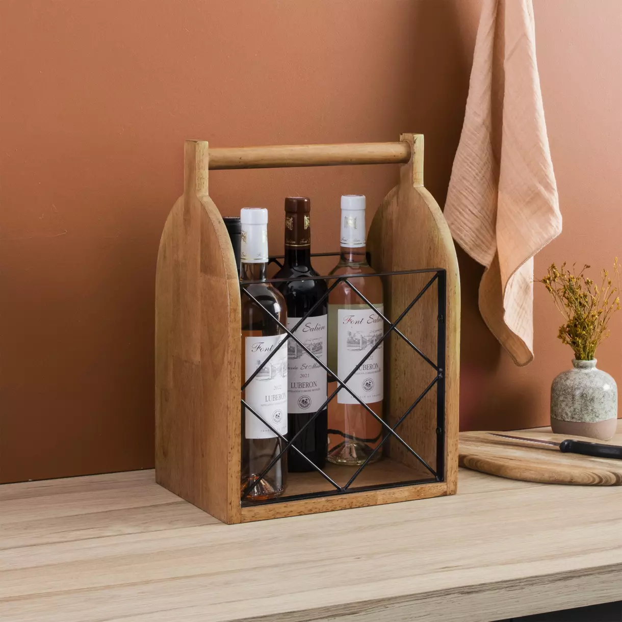 Portabotellas de madera y metal con 6 espacios (H40 cm) Gabriel Beige 1