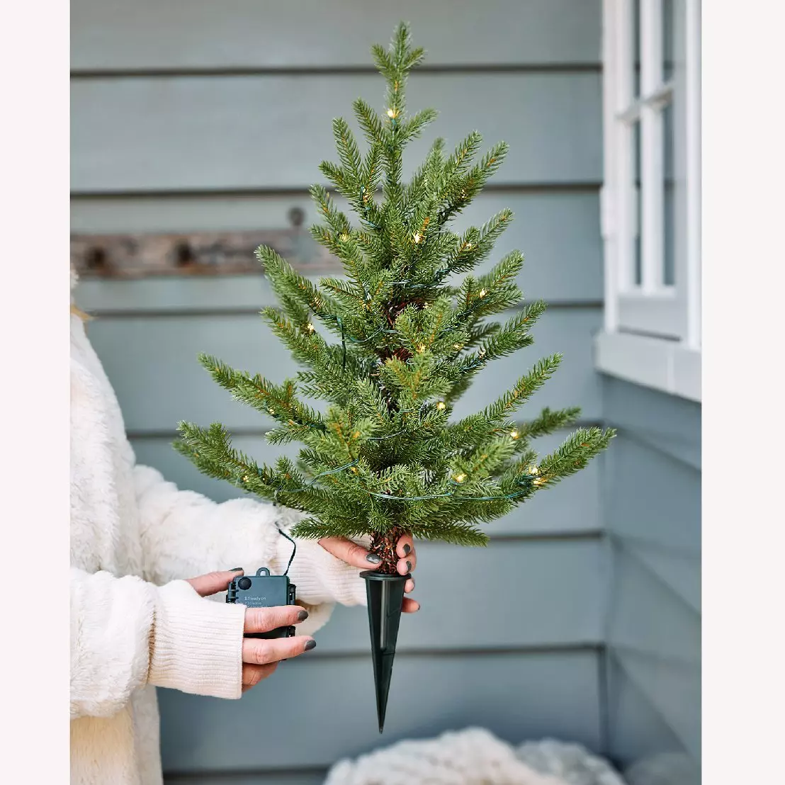 Sapin de Noël artificiel lumineux ALLIX à piquer dans le sol H90 cm Blanc chaud 1
