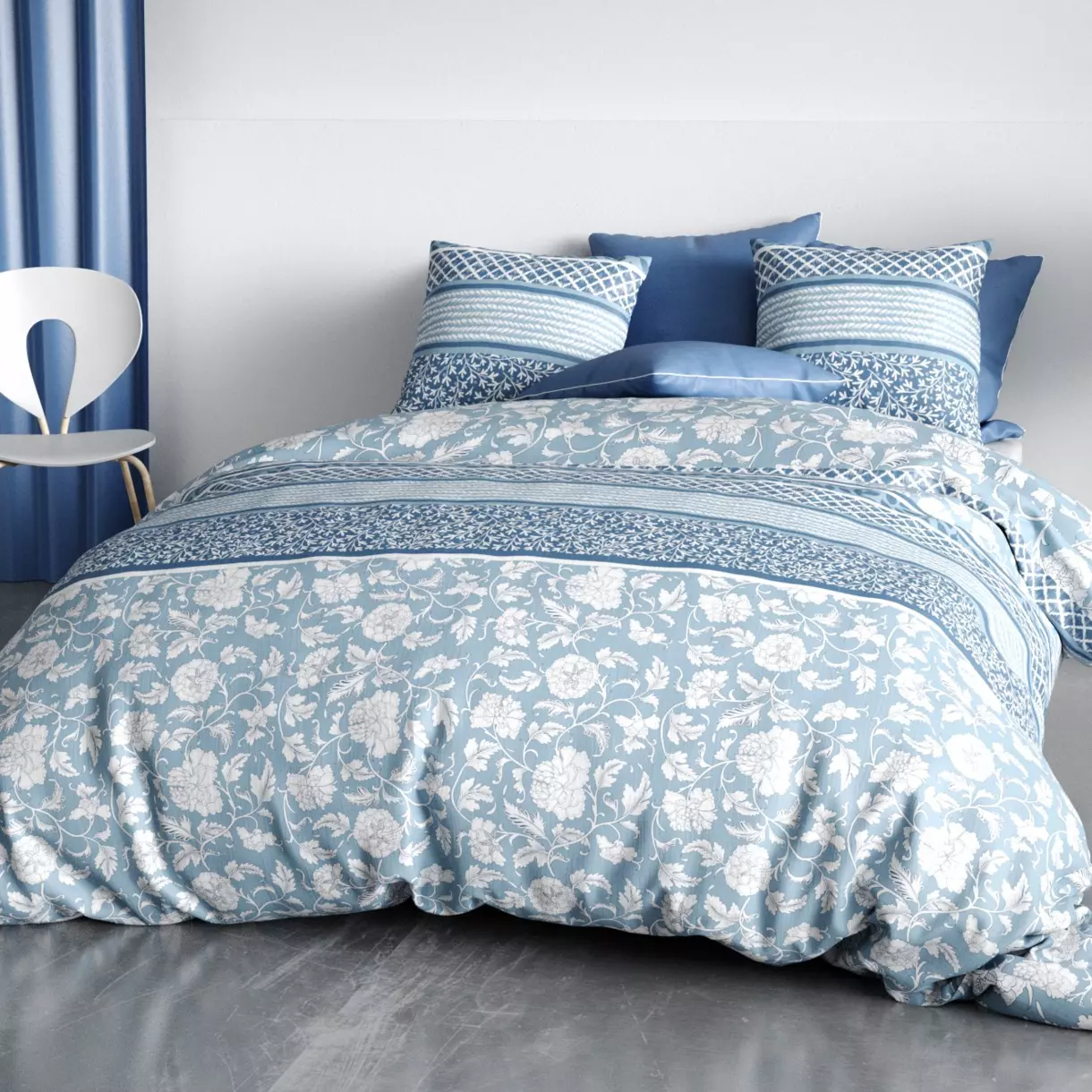 Housse de couette et deux taies coton bio (240 cm) Debby Bleue