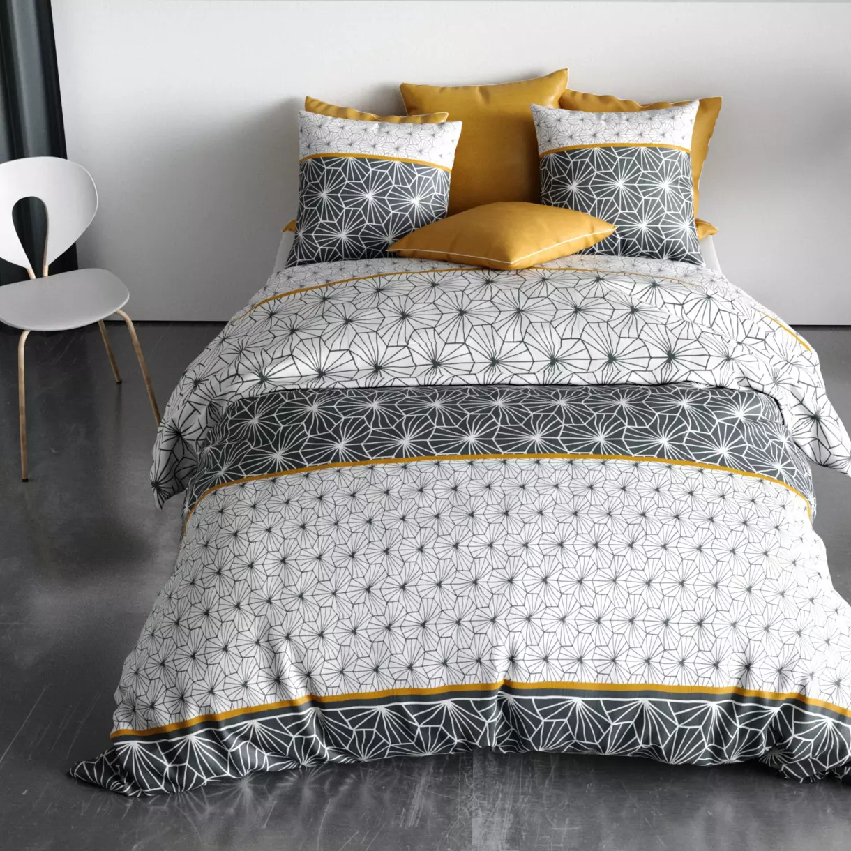 Housse de couette et deux taies coton (240 cm) Mijo Grise