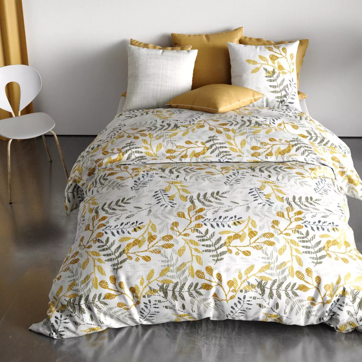 Housse de couette et deux taies coton bio (260 cm) Eloa Jaune