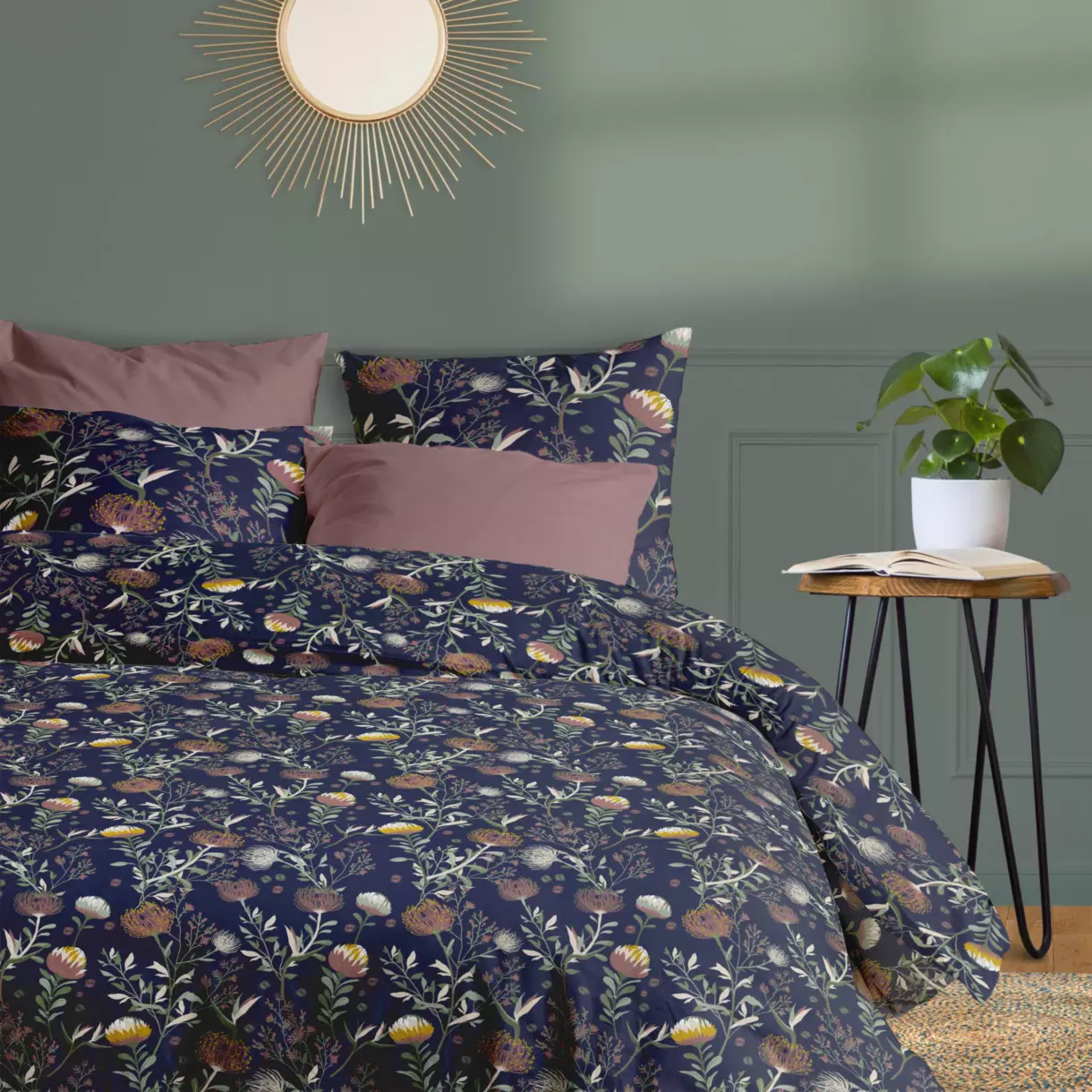 Housse de couette et deux taies coton (260 cm) Phytea Bleue