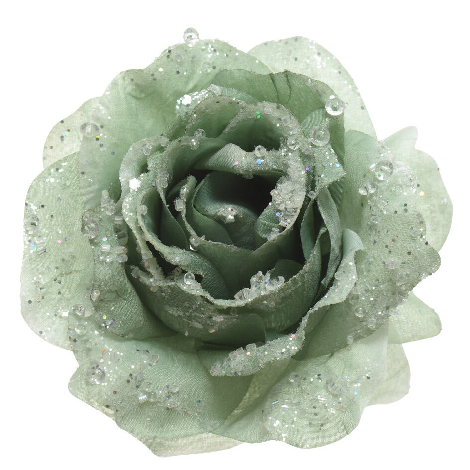 Kunstblume auf Clip mit Pailletten Salbeigrün 1