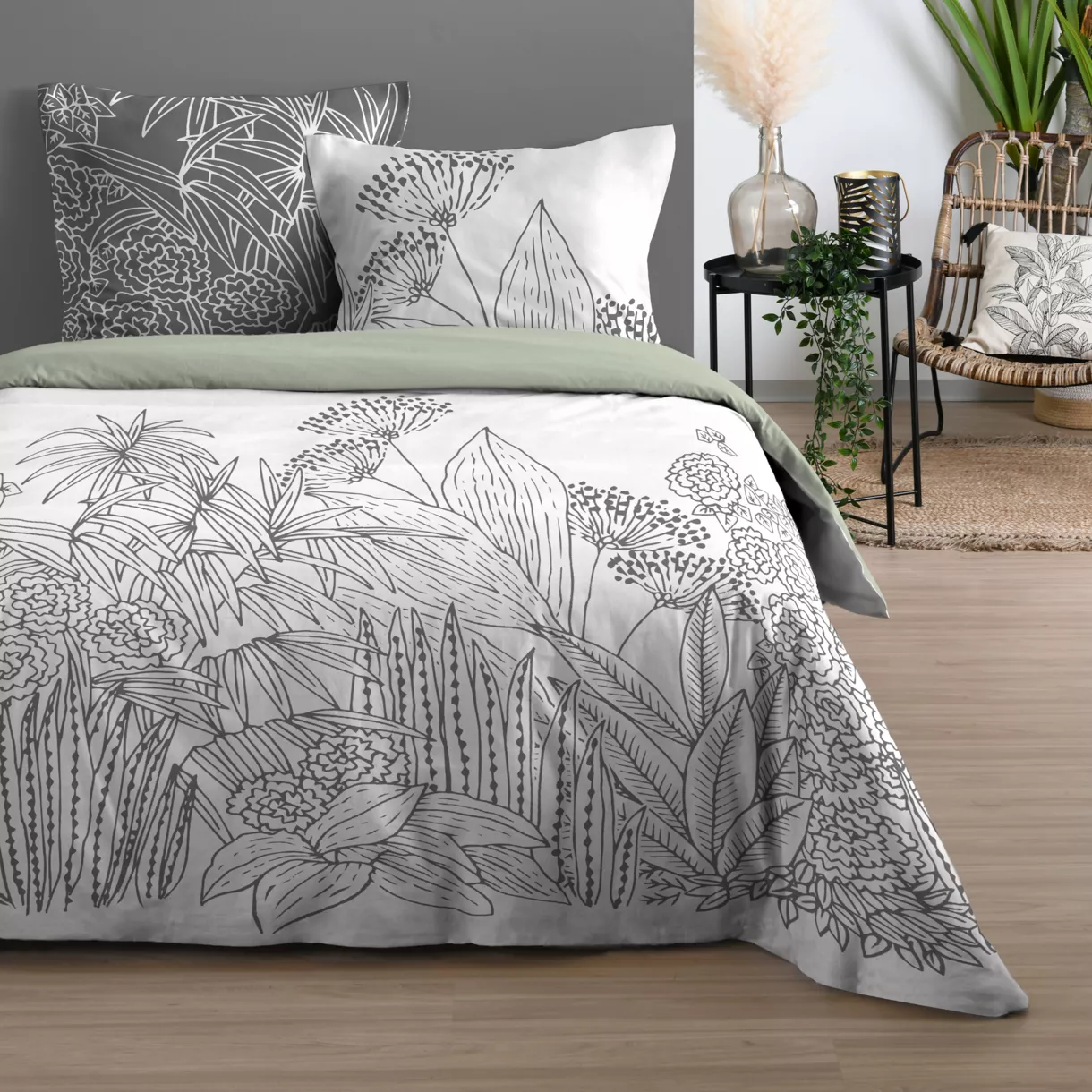 Housse de couette et deux taies coton (240 cm) Emori Vert sauge