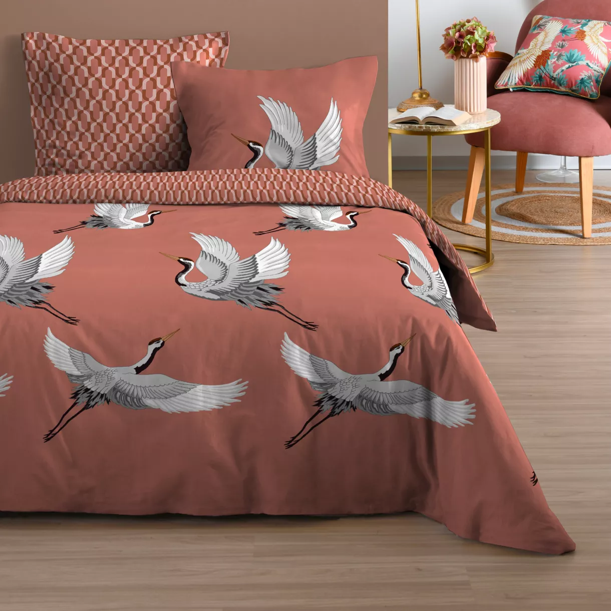 Housse de couette et deux taies coton (260 x 240 cm) Sakai Rouge marsala