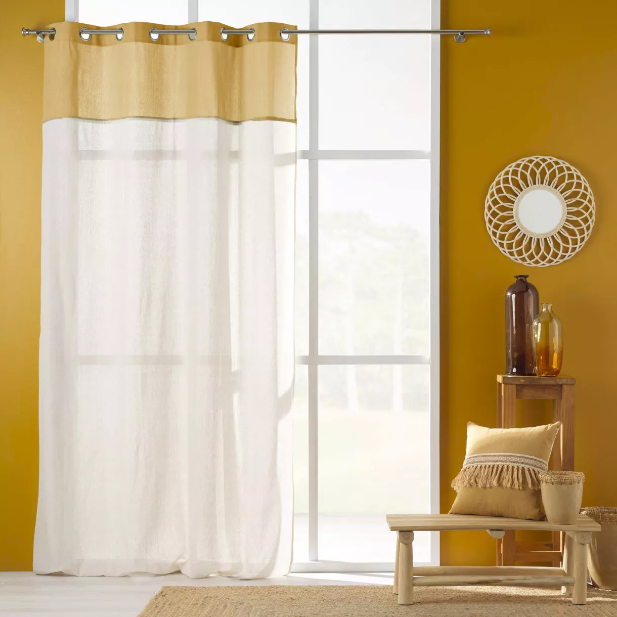 RIDEAU A OEILLETS 140 x 240 CM POLYCOTON UNI+TOP UNI+JUTE JANARA OCRE