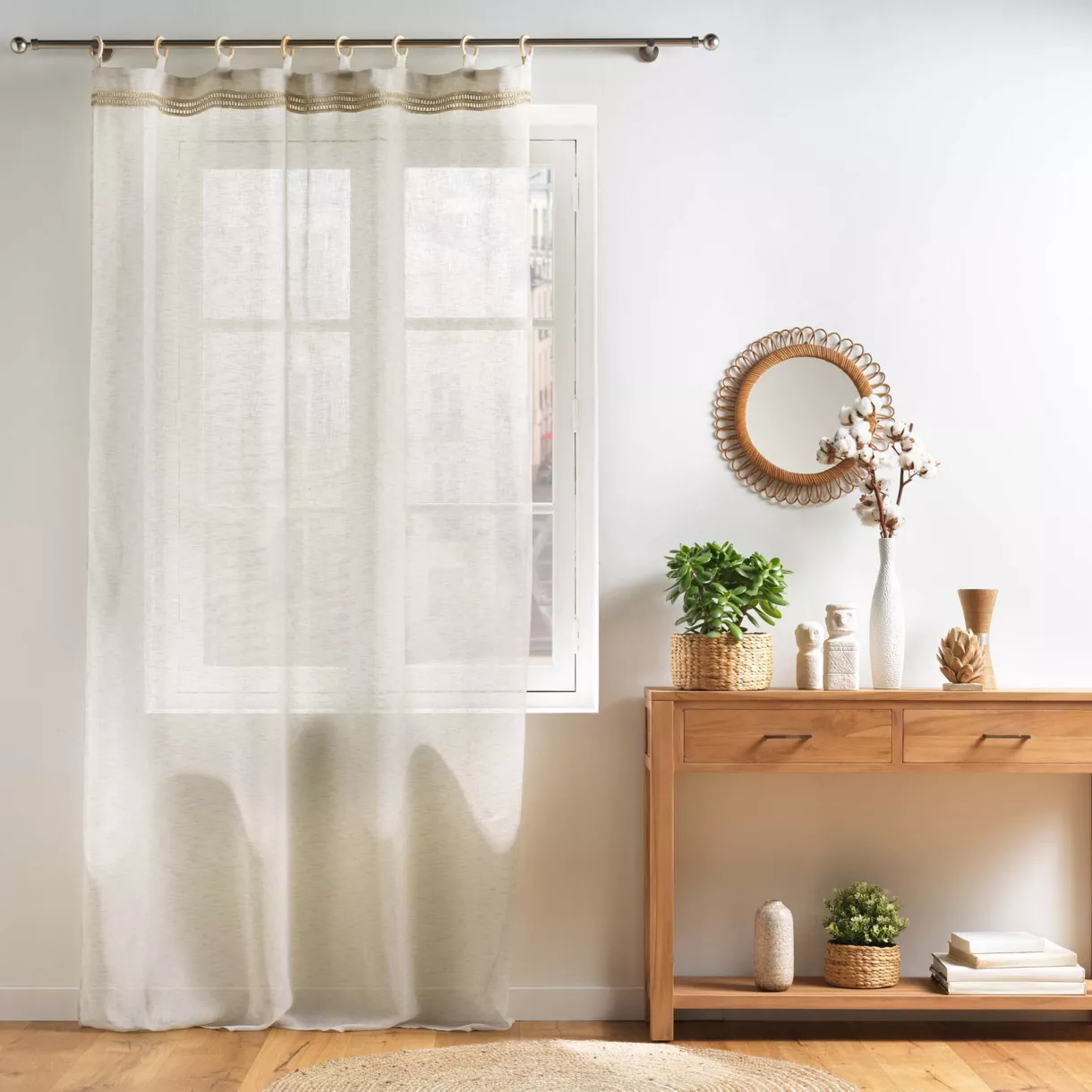 Vitrage met houten ringen (140 x 240 cm) Mileo Beige