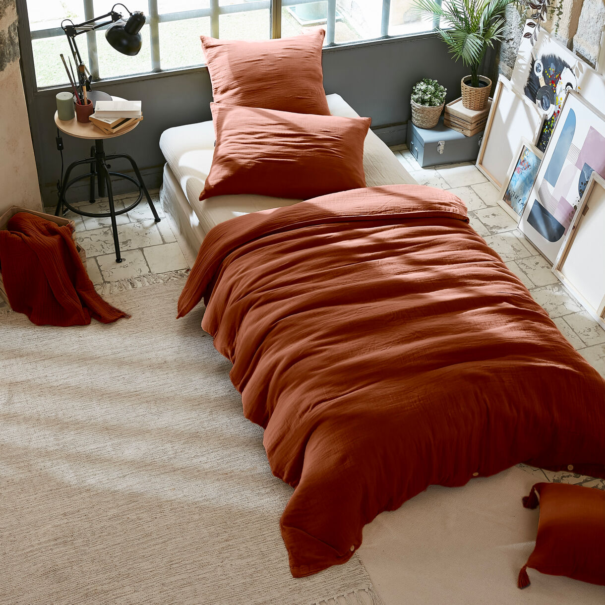 Bettbezug aus Baumwoll-Gaze (140 cm) Gaïa Terrakotta 1
