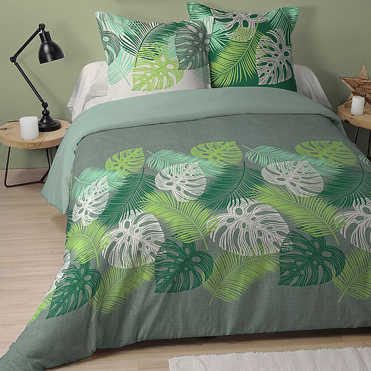 Housse de couette et deux taies coton (240 cm) Eden Verte 1