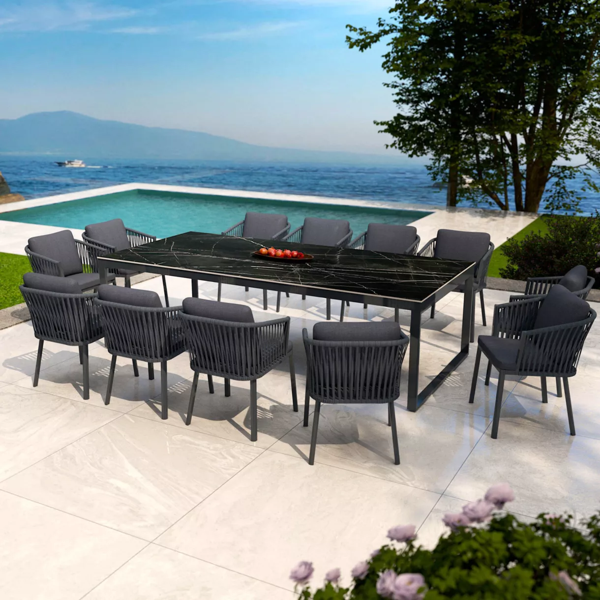 Mesa de jardín 12 personas Aluminio/Cerámica Kore (260 x 120 cm) - Negro/Negro jaspeado