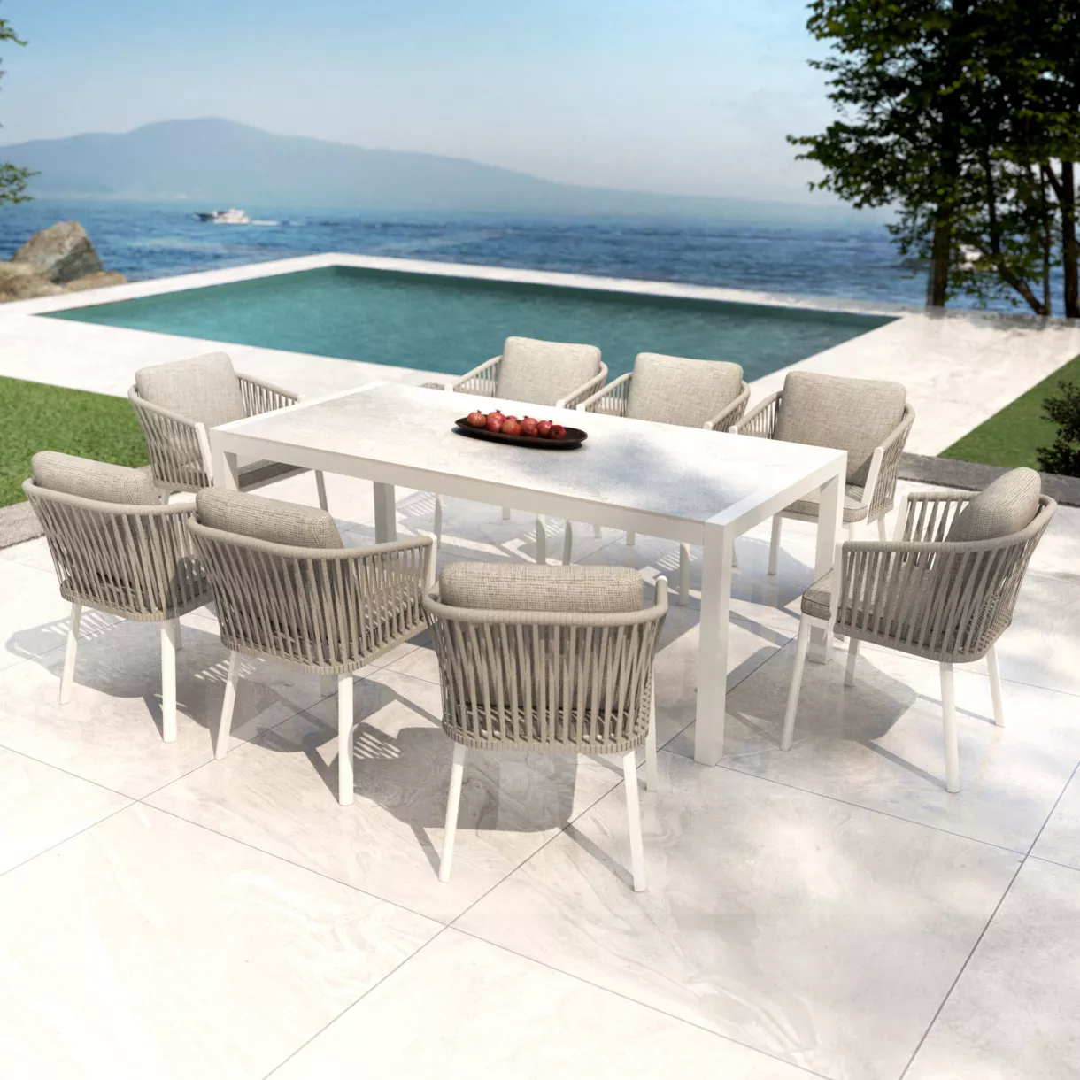 Mesa de jardín 8 personas Aluminio/Cerámica Modena (180 x 90 cm) - Blanco/Gris
