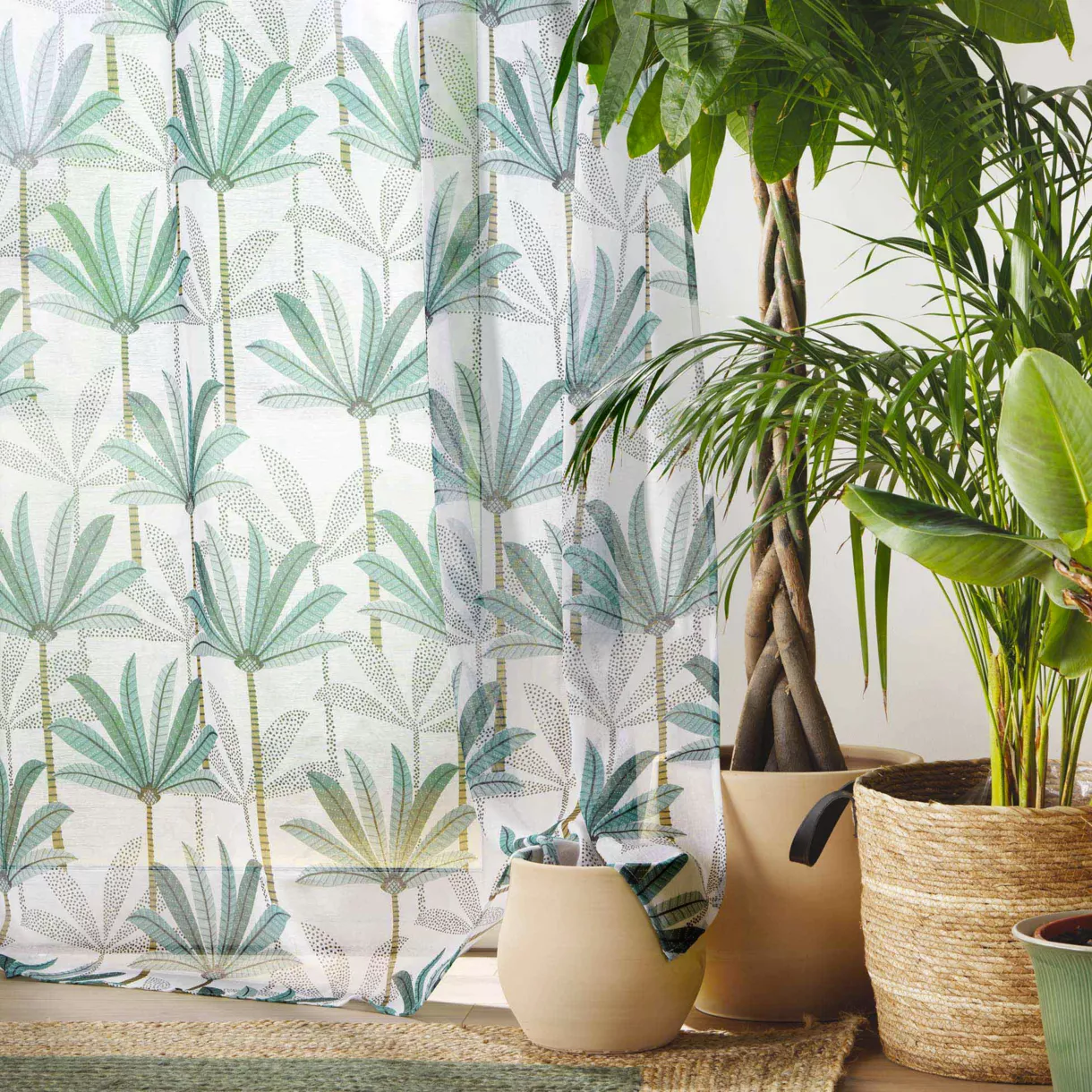 PANNEAU A OEILLETS 140 x 280 CM VOILE SABLE IMPRIME OASIS