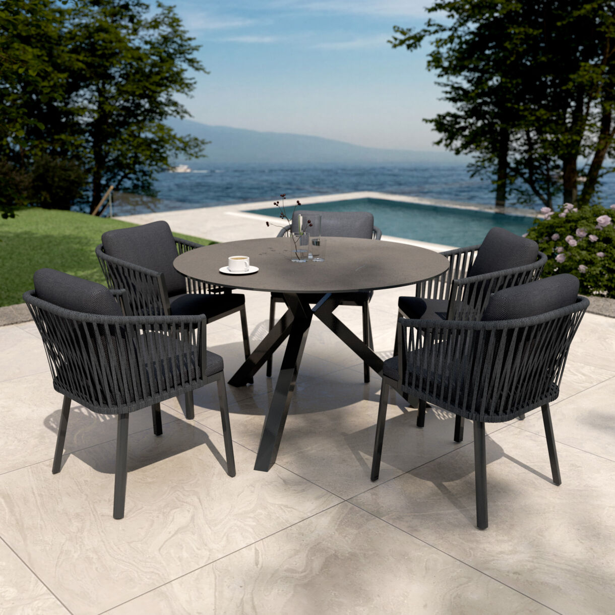 Tavolo da giardino 6 posti Alluminio/Ceramica Kore (D120 cm) - Grigio antracite