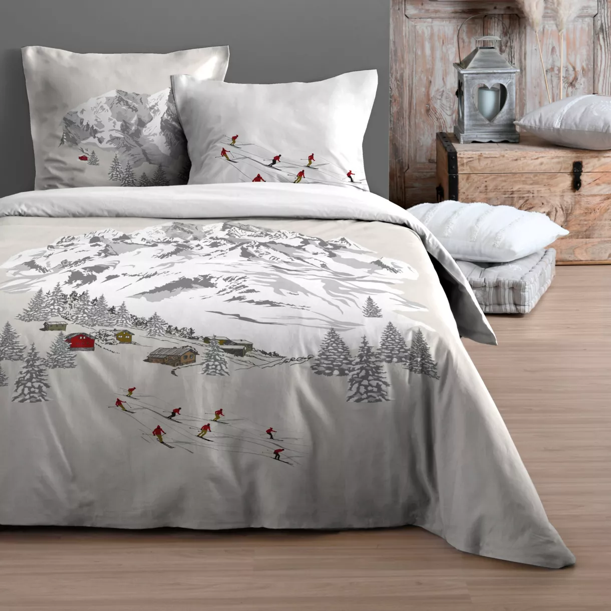 Housse de couette et deux taies coton (240 cm) Meribel Ecru 1