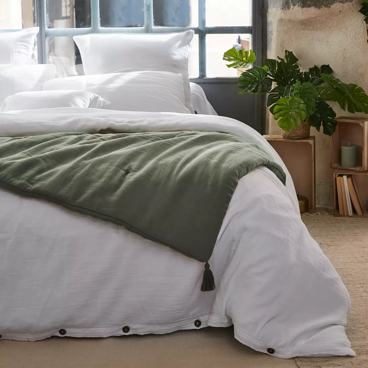 Edredon gaze de coton (150 x 150 cm) Gaïa Vert romarin 1