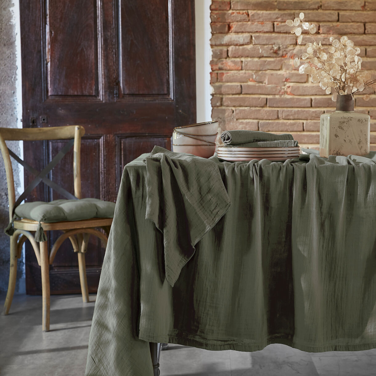 Mantel rectangular en gasa de algodón (L350 cm) Gaïa Verde romero 1