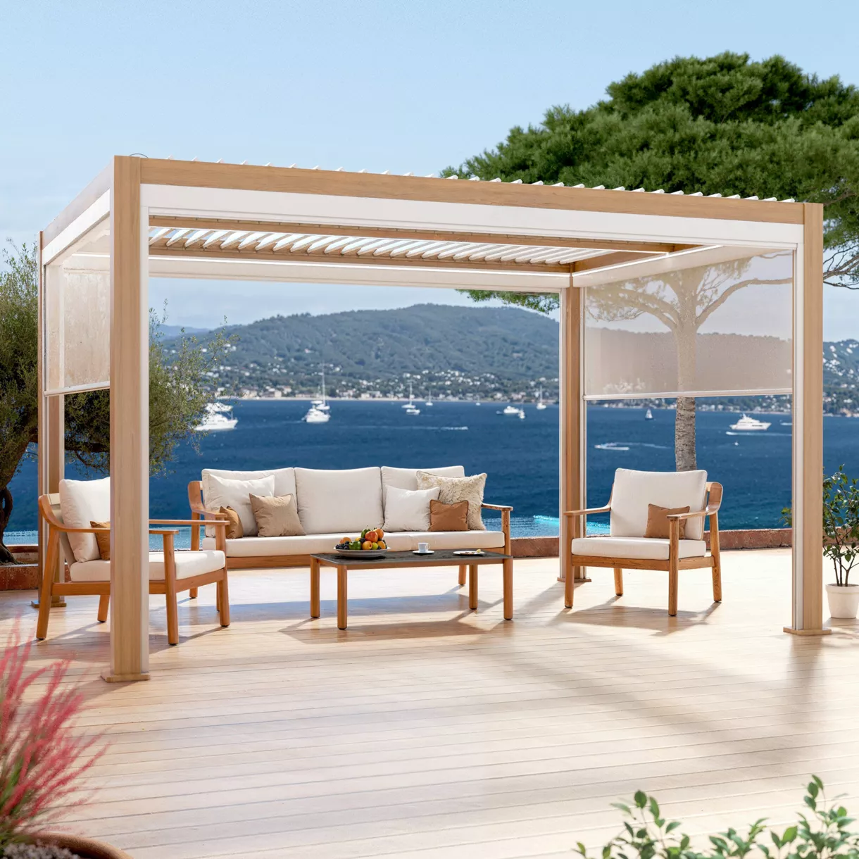 Pérgola bioclimática autoportante motorizada de aluminio  (3 x 4 m) LED - Madera