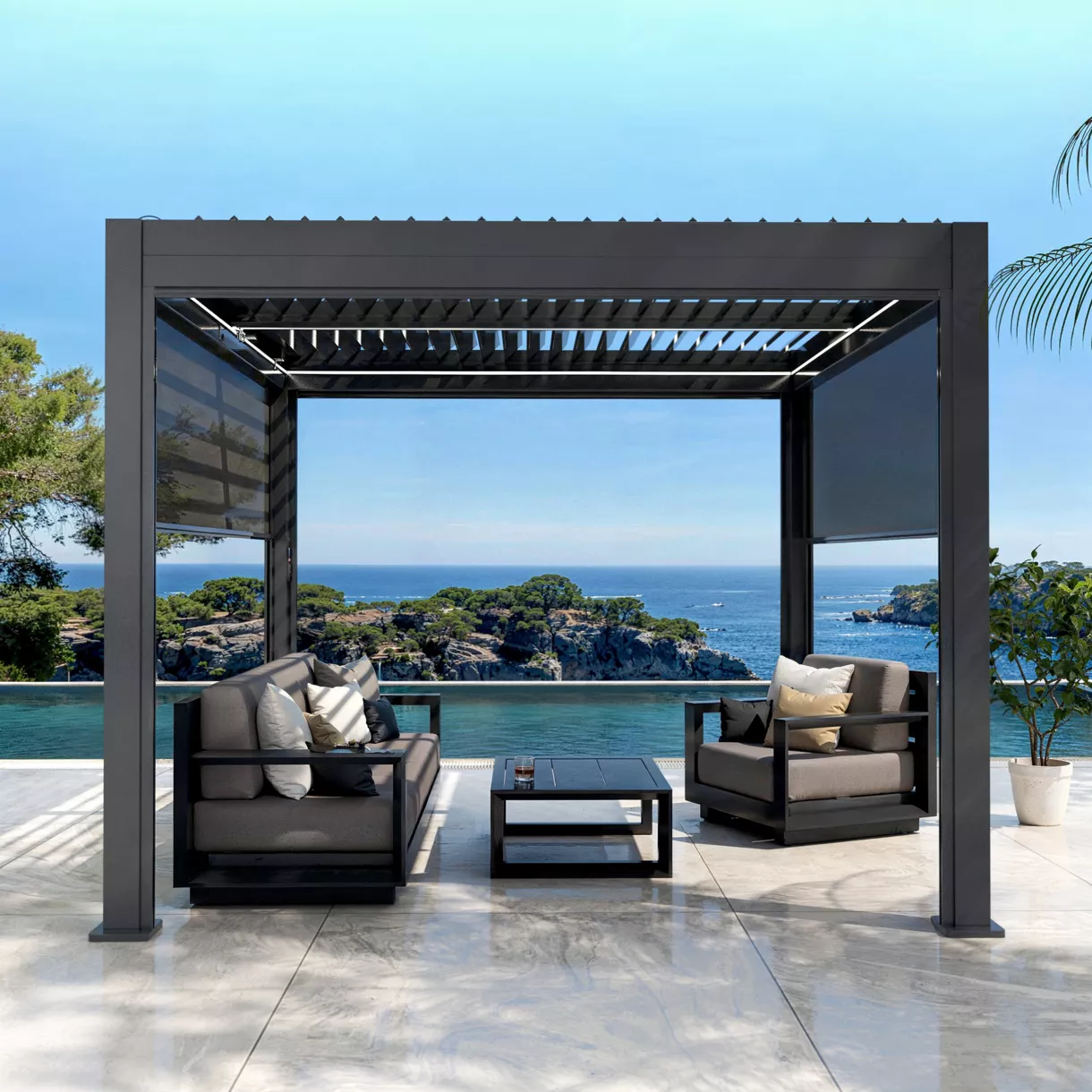 Pérgola bioclimática autoportante motorizada de aluminio  (3 x 3 m) LED - Gris antracita