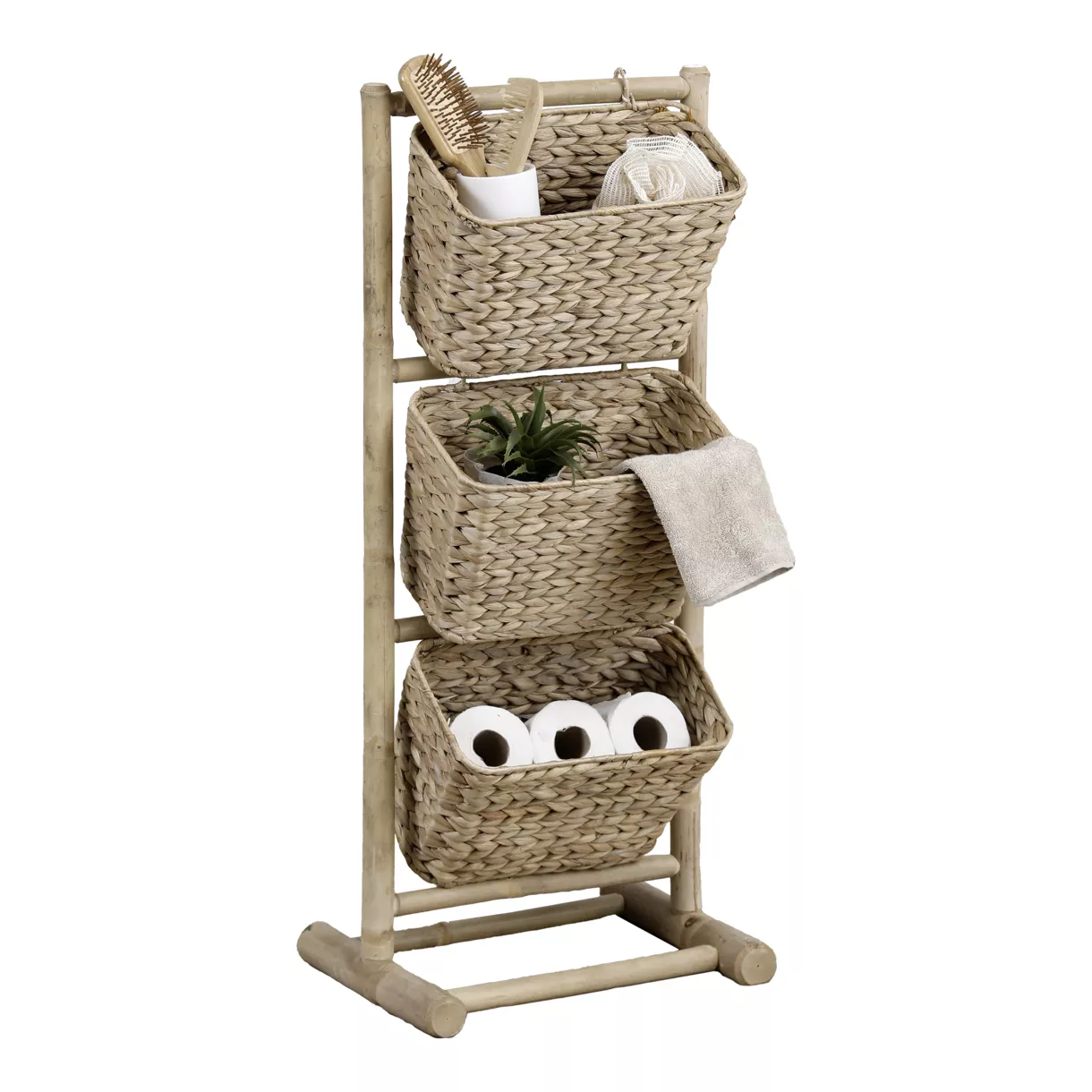 3 Körbe Regal geneigt aus Bambus und Wasserhyazinthe (H92 cm) Bali