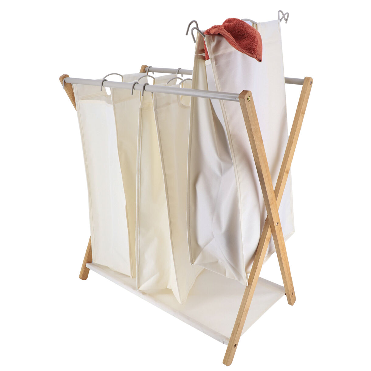 PANIERE A LINGE 3 COMPARTIMENTS POLYESTER STRUCTURE BAMBOU / METAL - NATUREL/BAMBOU