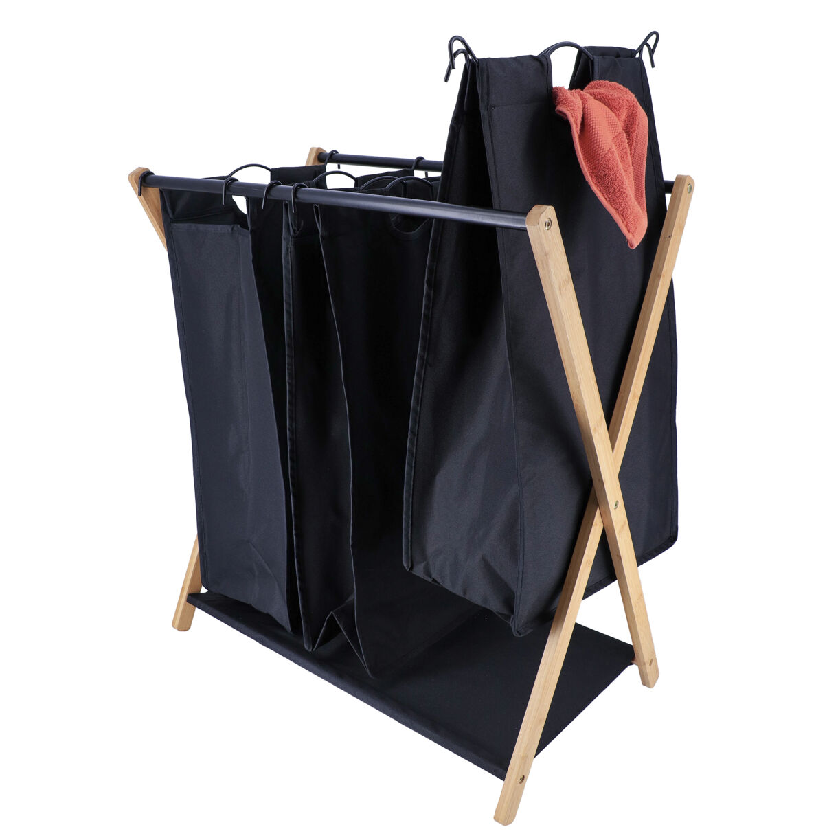 PANIERE A LINGE 3 COMPARTIMENTS POLYESTER STRUCTURE BAMBOU / METAL  - NOIR/BAMBOU