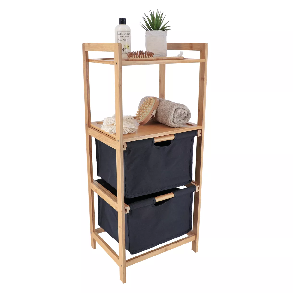 MEUBLE BAMBOU 2 PANIERES POLYESTER + ETAGERES - NOIR/BAMBOU