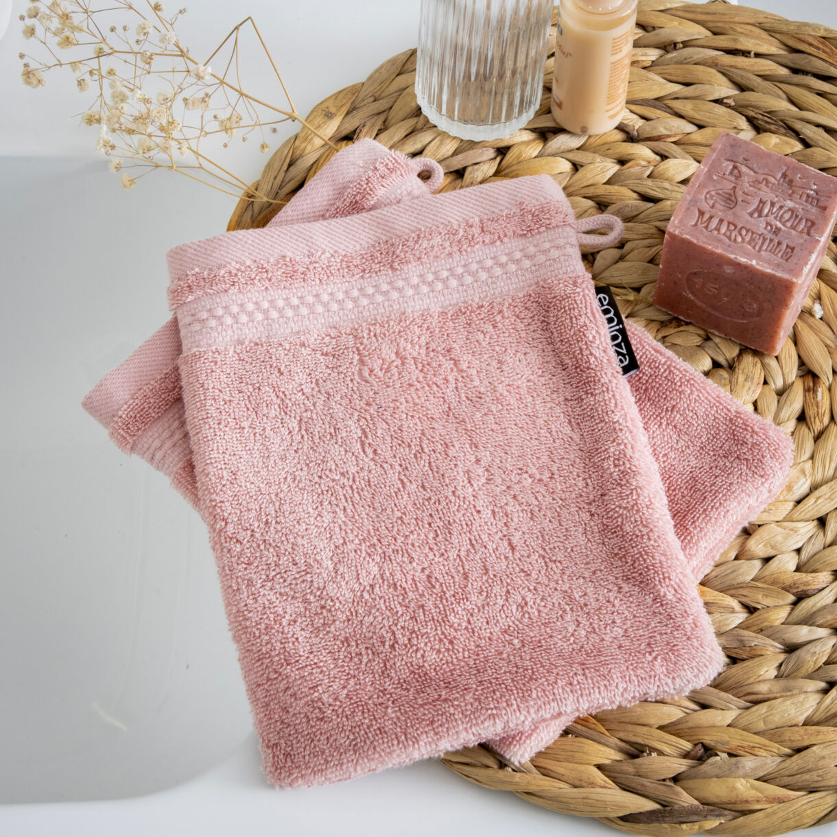 Conjunto de 2 guantes de baño de algodón orgánico. (15 x 21 cm) Méline Rosa durazno