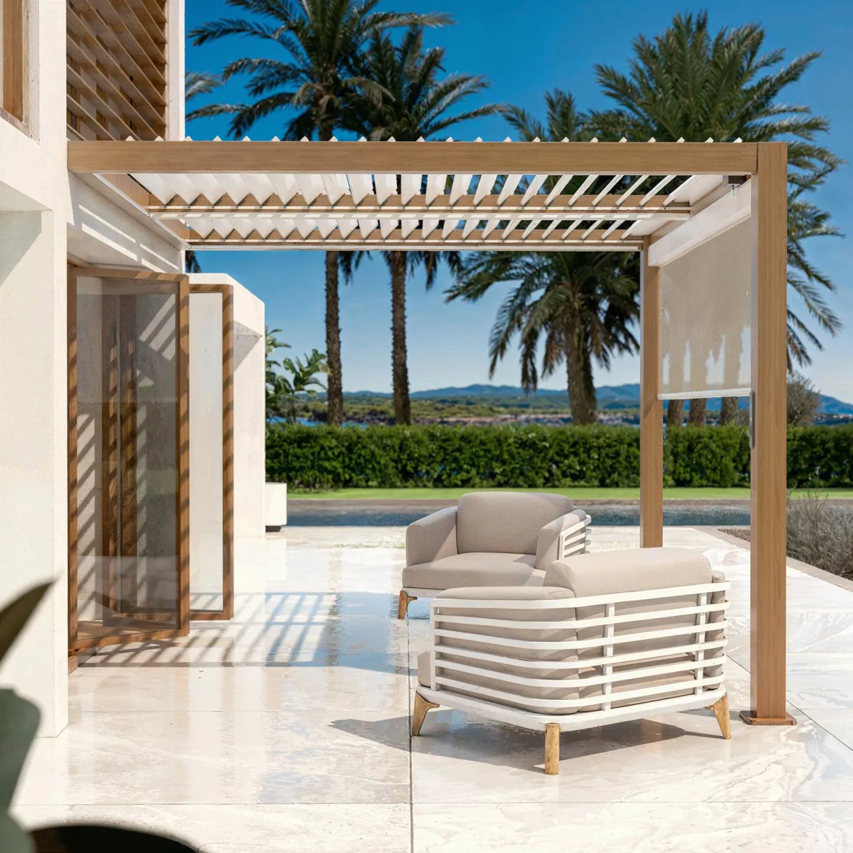 Pérgola bioclimática adosada motorizada de aluminio  (3 x 3 m) LED - Madera 