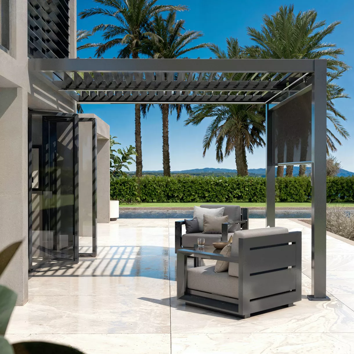 Bioklimatologische aangebouwde gemotoriseerde aluminium pergola (3 x 3 m) LED - Antraciet