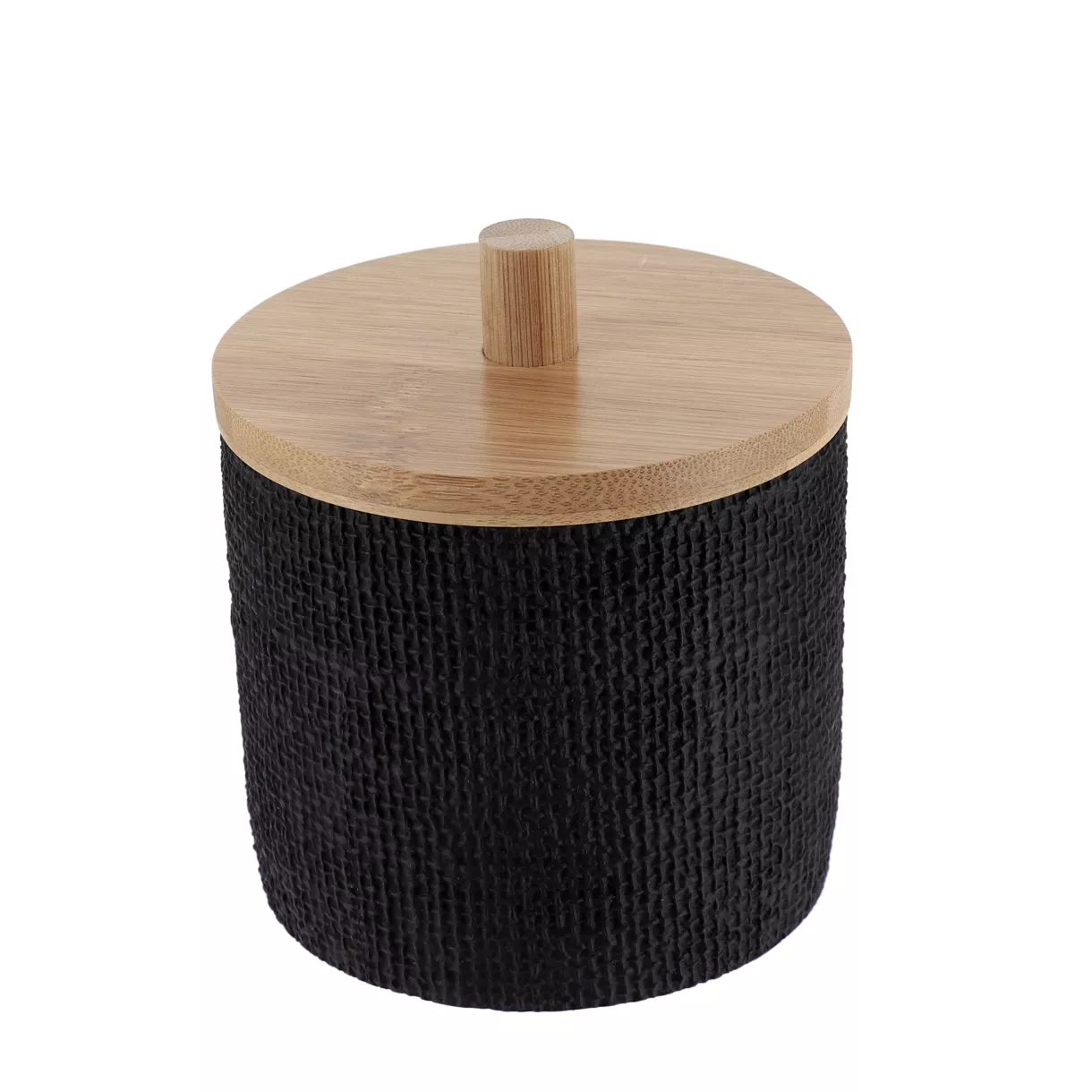 BOITE A COTON POLYRESINE RONDE EFFET MAILLE  ET BAMBOU  - NOIR