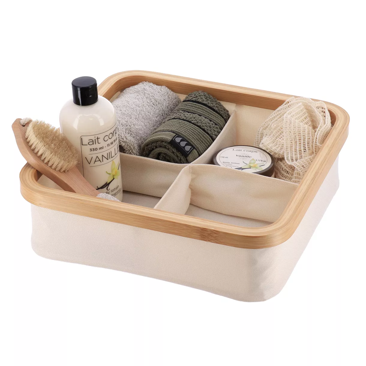 Organizzatore quadrato pieghevole 4 scomparti (L30 x H10 cm) Puro bambù Panna