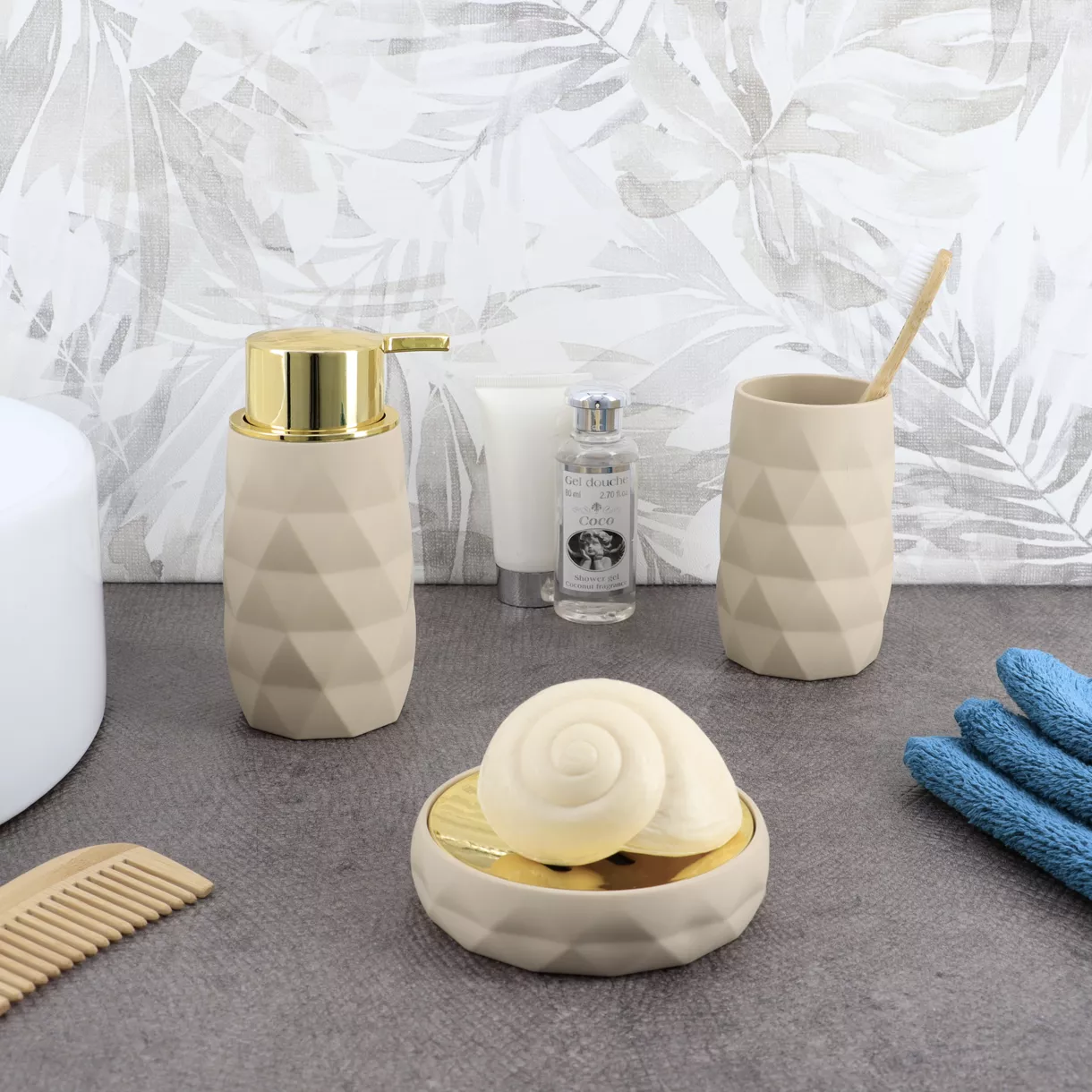 SET GOBELET DISTRIBUTEUR A SAVON ET PORTE SAVON ABS + RUBBER - BEIGE