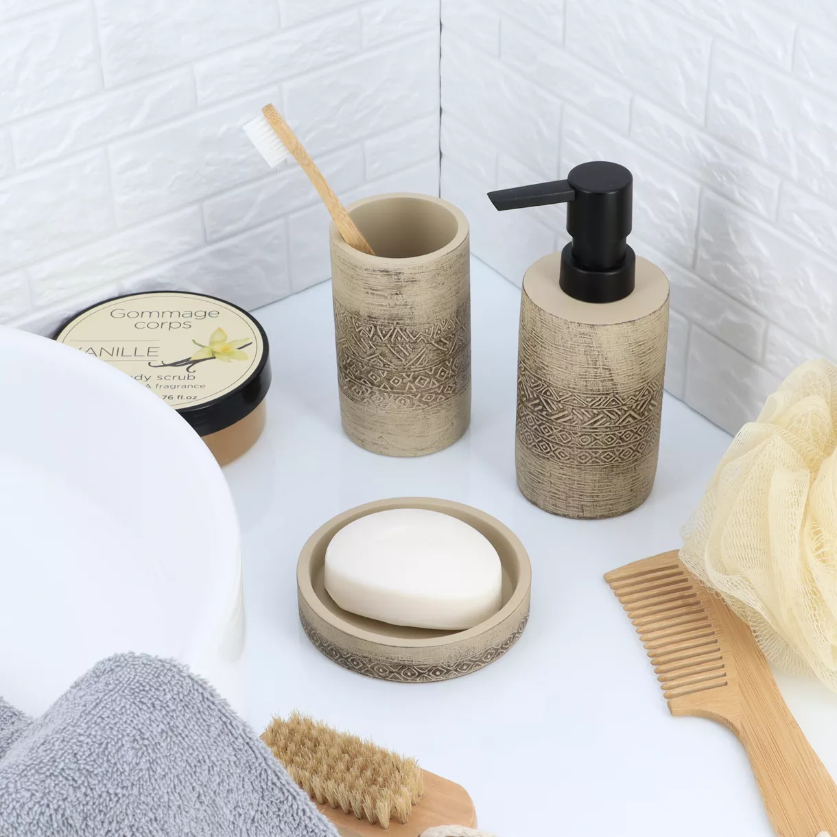 SET GOBELET DISTRIBUTEUR A SAVON ET PORT SAVON CIMENT - NATUREL