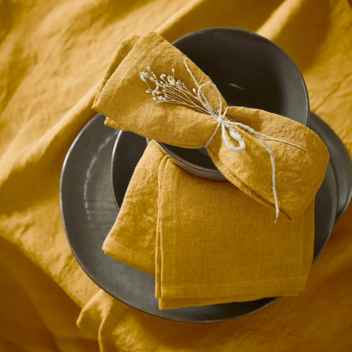 Lot de 3 serviettes lin lavé Louise Jaune moutarde 1