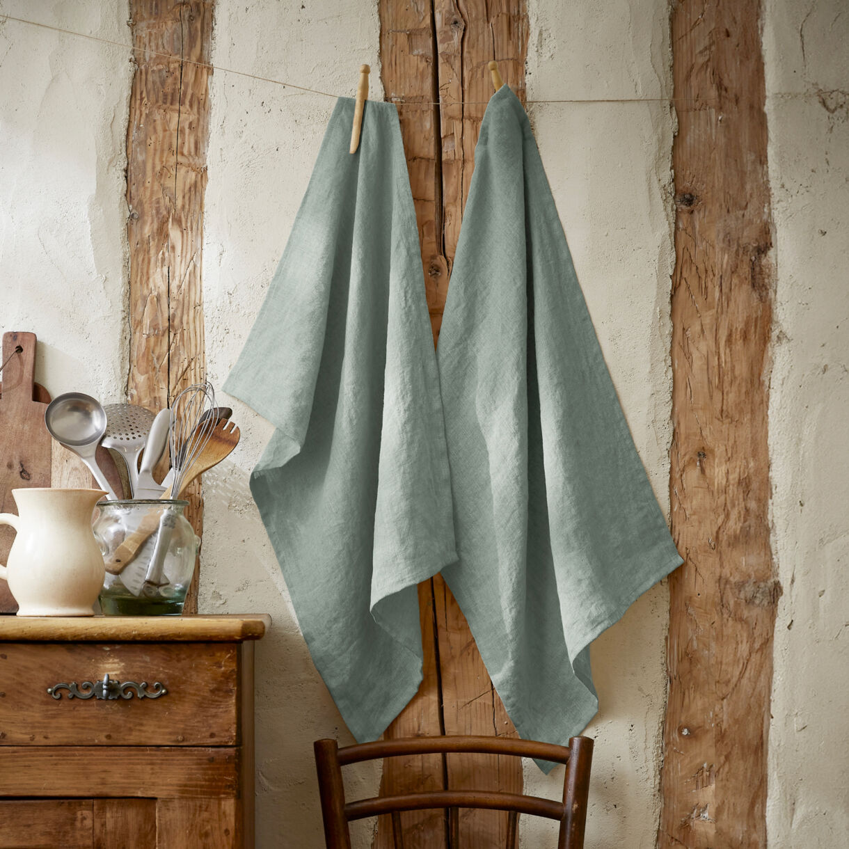 Juego de 2 toallas de manos lino lavado (70 cm) Louise Verde eucalipto 1