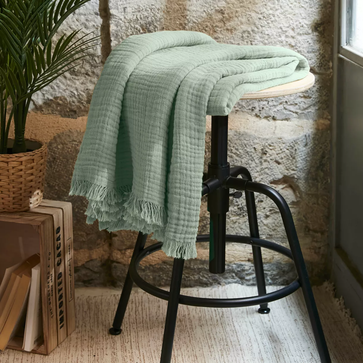 Plaid gaze de coton (130 x 160 cm) Gaïa Vert eucalyptus