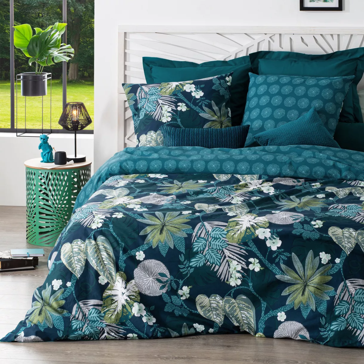 Housse de couette et deux taies percale de coton (240 cm) Gembur Bleu canard 1