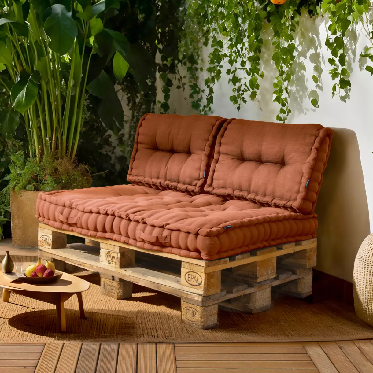 EM - Lot Matelas palette + 2 dossiers Polyester uni SUNSET Terracotta